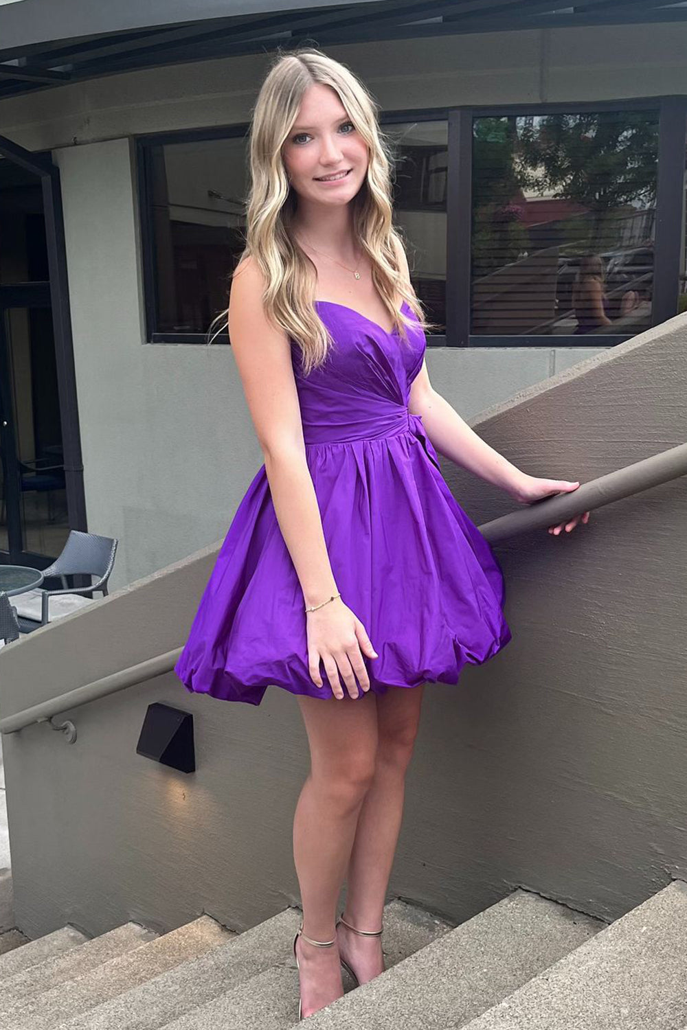 dark purple dress for homecoming Strapless A-Line Short si-large Sizes:5T 100% Polyester Length Simple blue sweetheart chiffon
