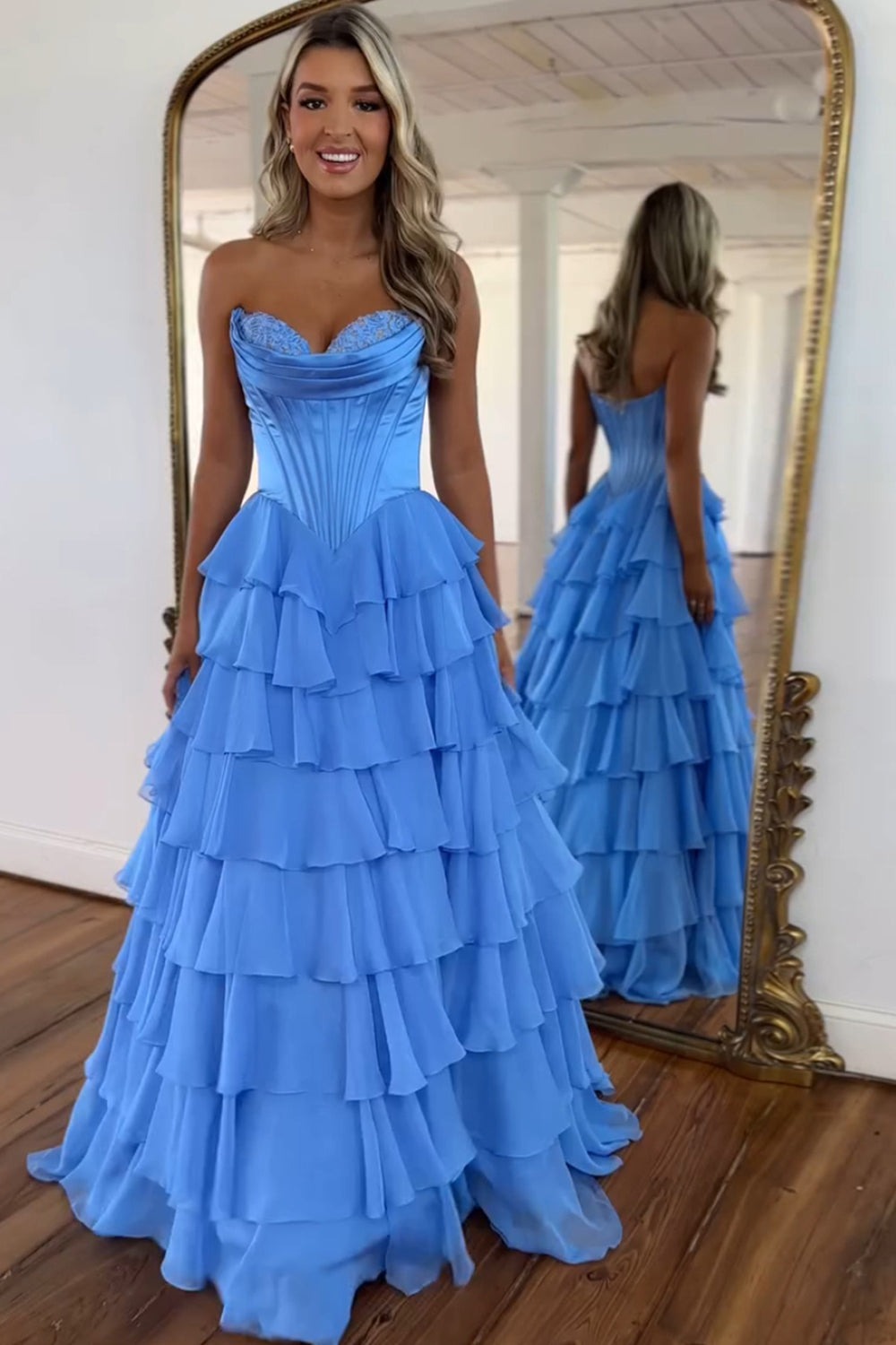 Elegant A-Line Strapless Corset Waist Mesh Panel White Long Prom Dress main image 1