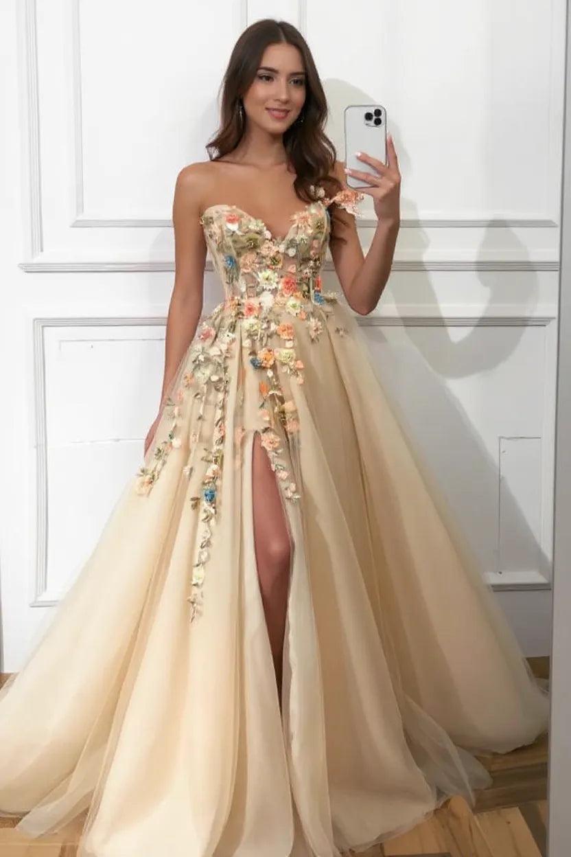 Attractive A-line One Shoulder Tulle Long Prom Dress with Slit BIZTUNNEL Attractive A-line One Shoulder Tulle Long Prom Dress with Slit BIZTUNNEL