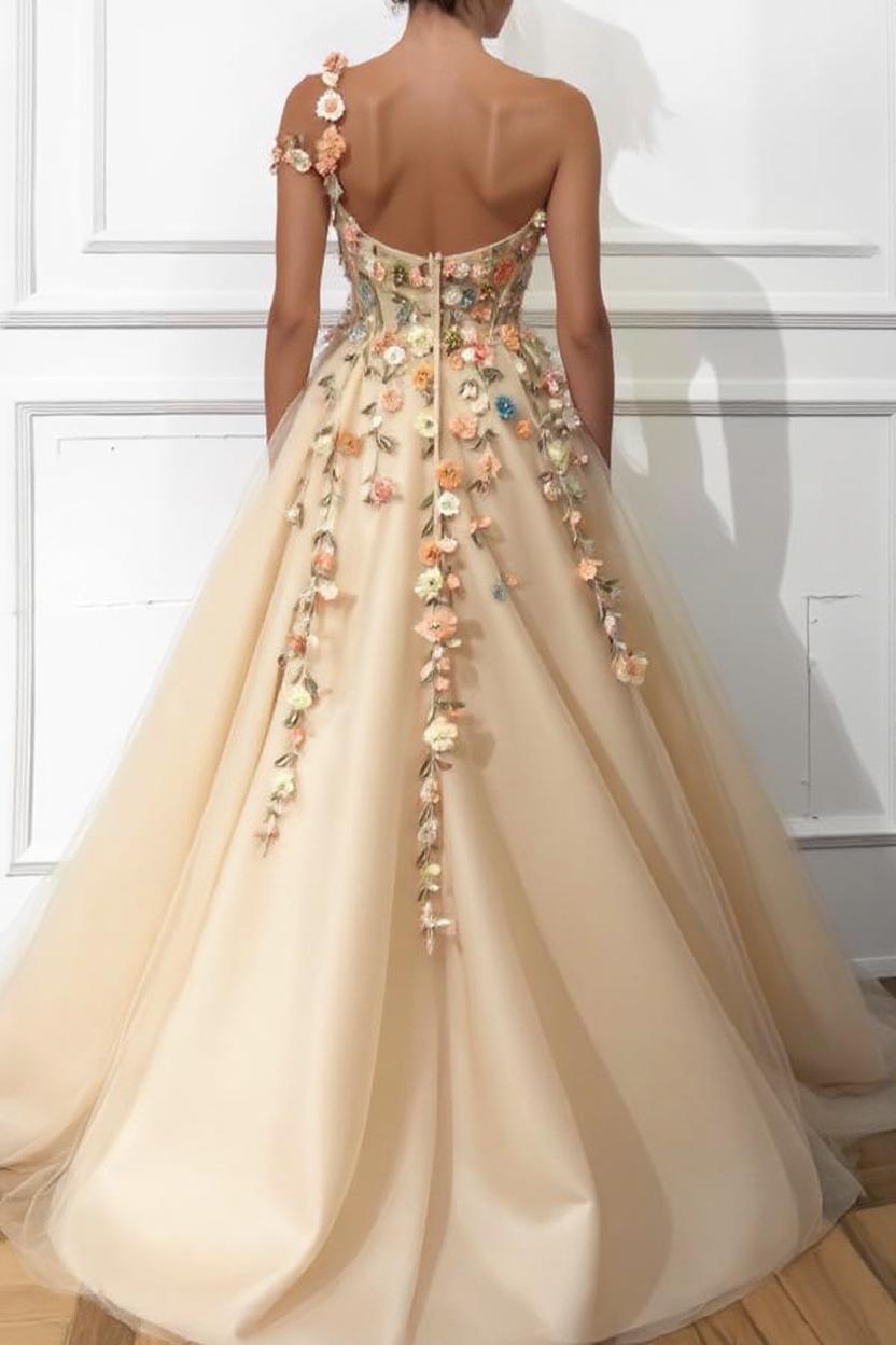 Attractive A-line One Shoulder Tulle Long Prom Dress with Slit BIZTUNNEL Attractive A-line One Shoulder Tulle Long Prom Dress with Slit BIZTUNNEL