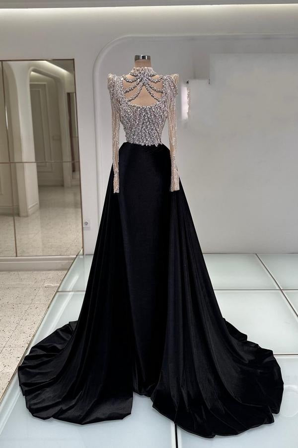 black prom dresses online Black A-Line Prom Dress with Beaded Bodice, Satin Bottom, Slit, Pocket main image 0