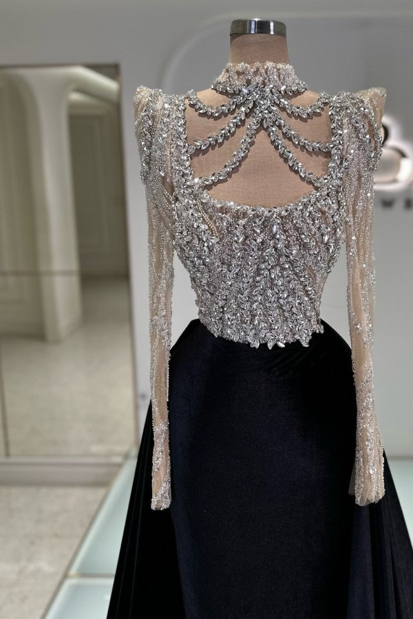 Black Long A-line High Neck Beaded Satin Prom Dresses with Sleeves –  BIZTUNNEL