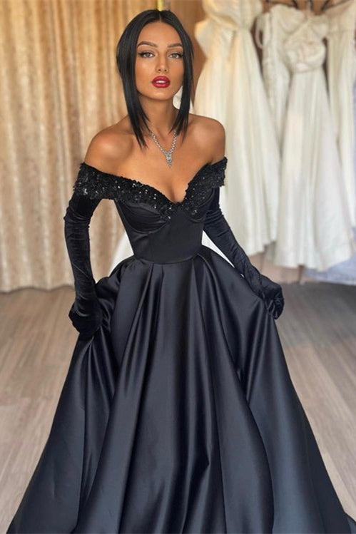 formal dress with gloves Black Off-the-Shoulder A Line Long Evening – BIZTUNNEL Variant:6-12 Months Casual dresses This chic detachable puff sleeves Dress To Impress |