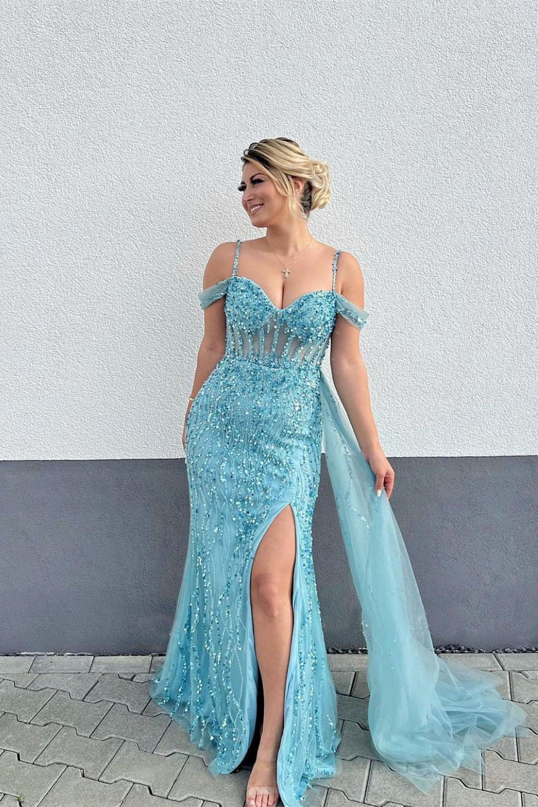 high low mermaid prom dresses Blue Spaghetti-Straps High-split Mermaid Prom Dress with Beadings –  BIZTUNNEL
