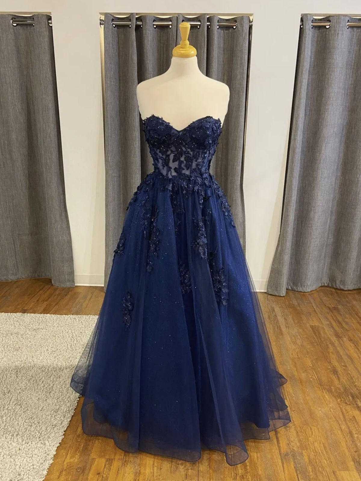 navy lace backless dress A Line Lace Appliqued Beaded Prom Dresses Navy Blue Quinceanera Dress with Corset Back APD3352