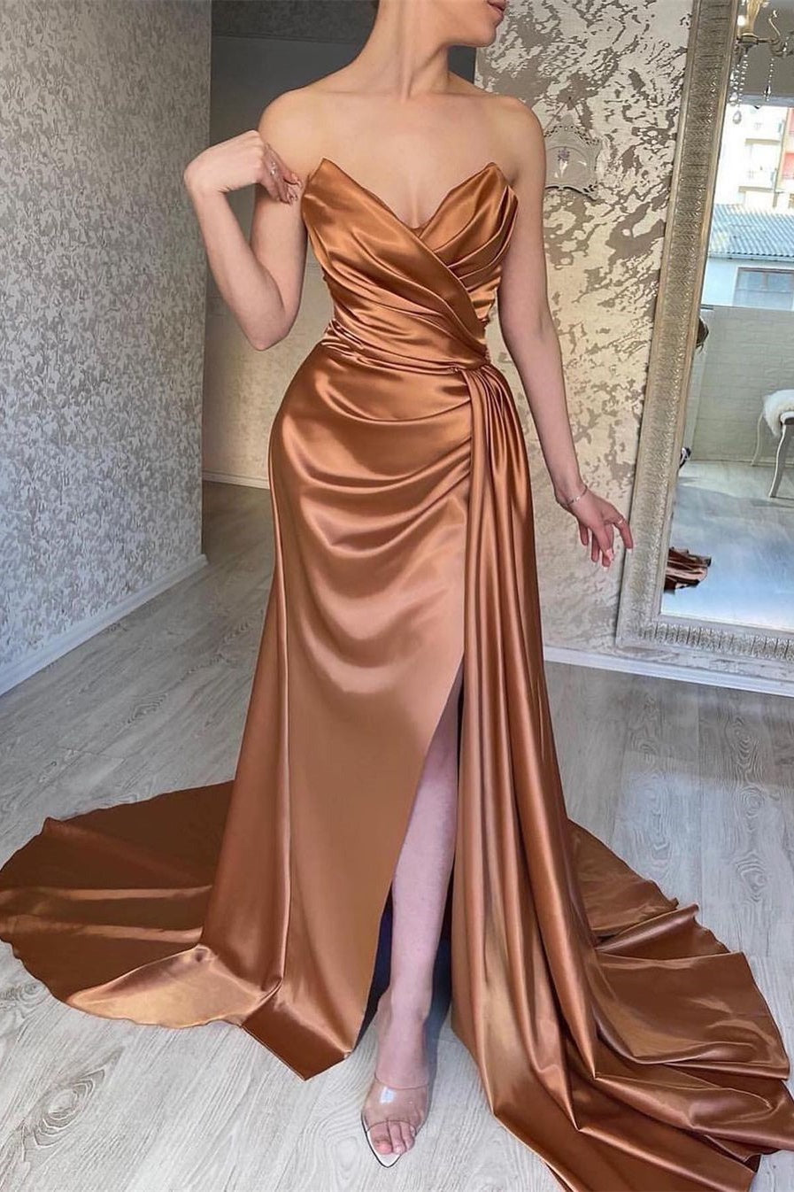 strapless open back dress Elegant Long A-line Sweetheart Satin Sleeveless Formal Prom Dresses Wi –  BIZTUNNEL