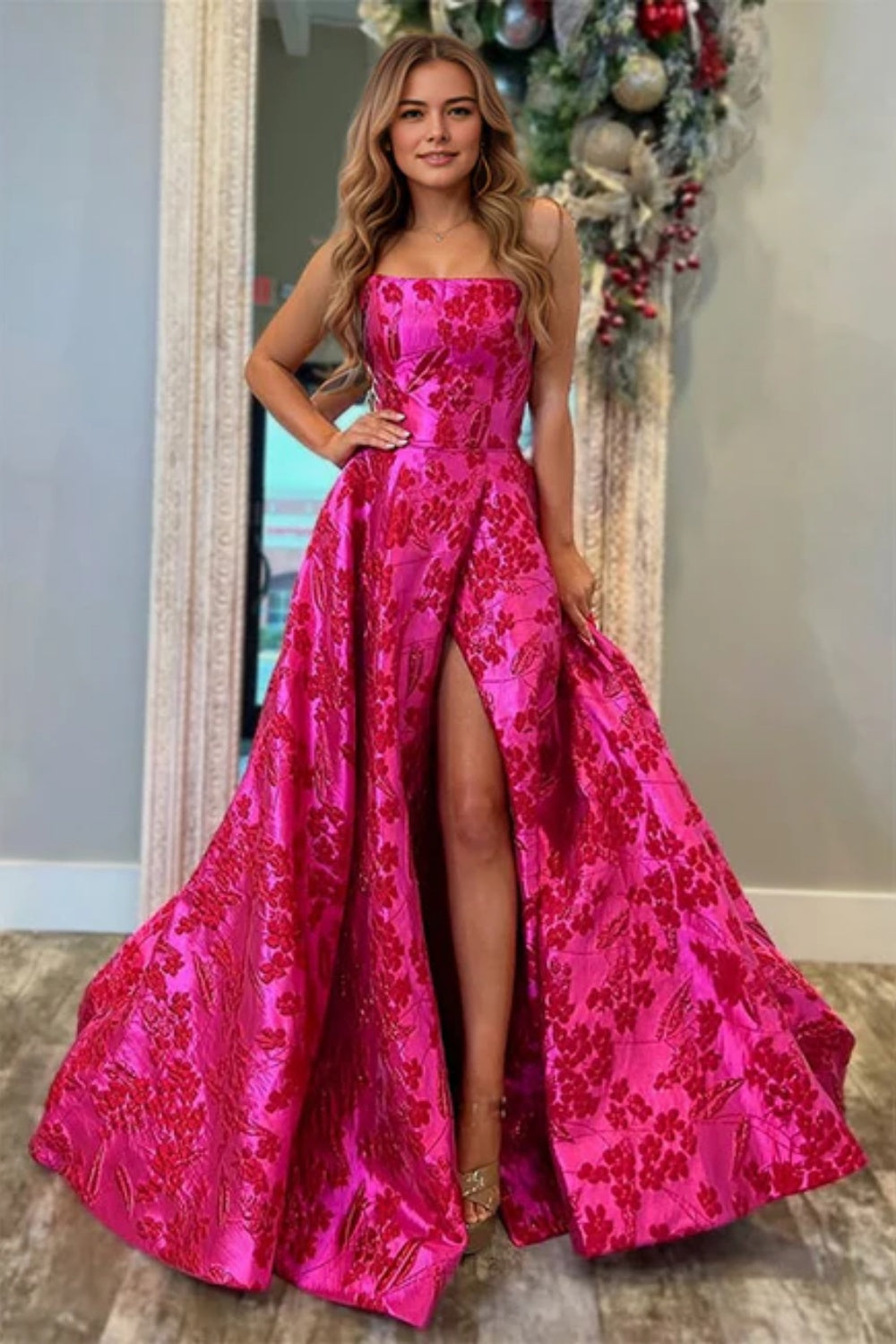 Fuchsia Jacquard Strapless A-Line Prom Dress with Split Fuchsia Jacquard Strapless A-Line Prom Dress with Split