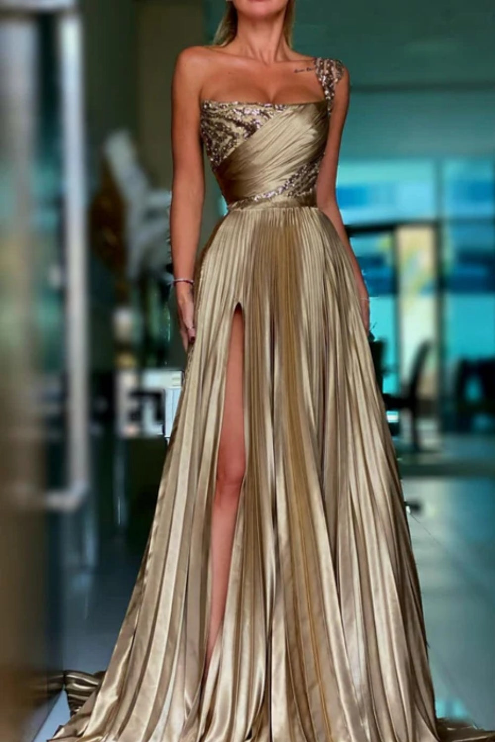 golden pleated dress One Shoulder Prom with Sequins LACE Size:1-2 years Crafted from luxurious Womens Green Dress Shoes