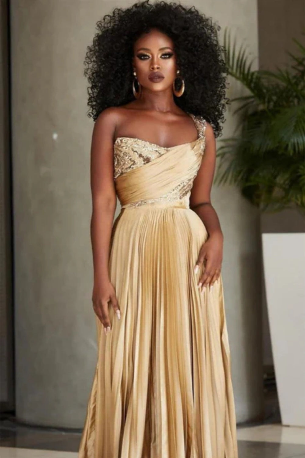 Golden Pleated One Shoulder Prom Dress with Sequins