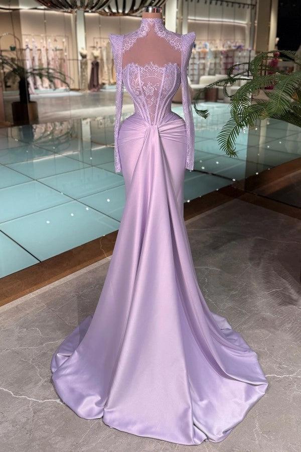 open lace back dress Purple High-Neck Lace Mermaid Prom Dress