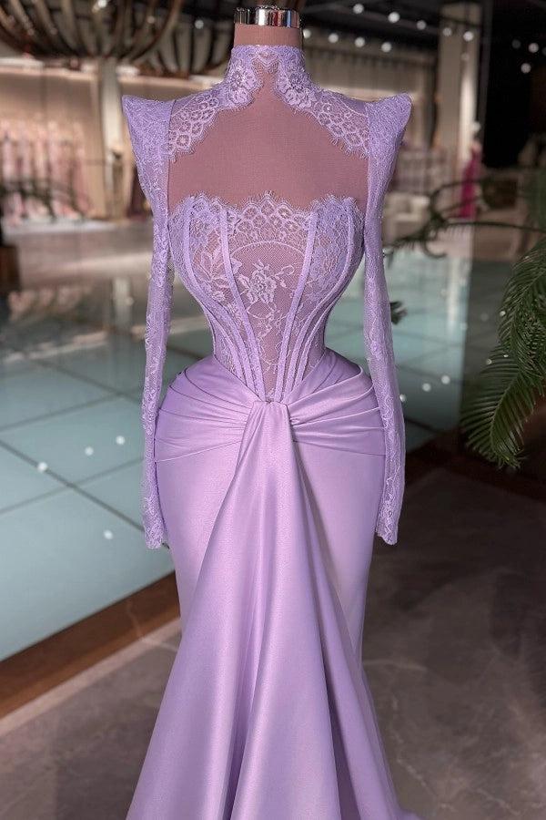 High-Neck Lace Mermaid Prom Dress - Long Sleeves with Drape