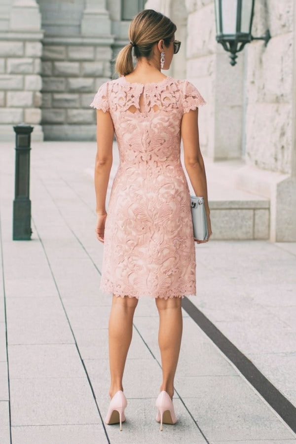 Classic Pink Short Sheath Lace Prom Dress with Sleeves Classic Pink Short Sheath Lace Prom Dress with Sleeves