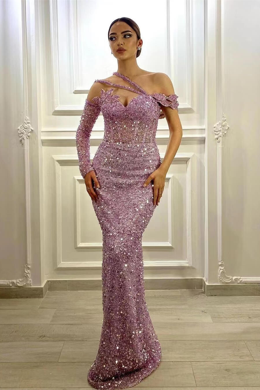Mermaid Purple Sparkly Sequin One-shoulder Evening Dress with Strap –  BIZTUNNEL
