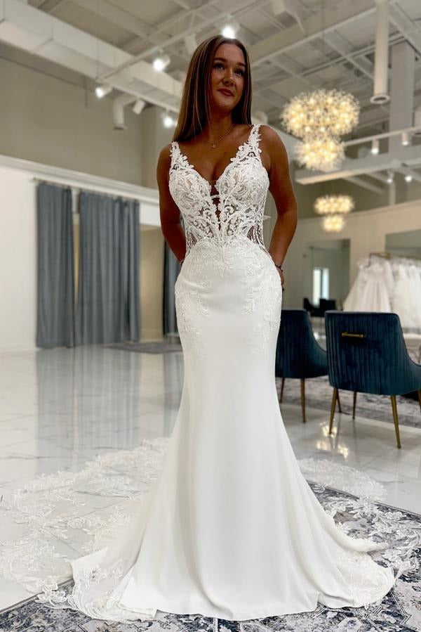 Long Mermaid V-neck Satin Lace Backless White Wedding Dresses – BIZTUNNEL