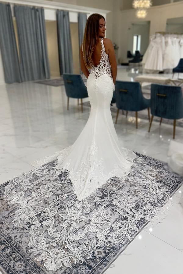 chinese dress ladies Mermaid V Neck Satin Lace Wedding Dresses, Diamond White / 8 main image 1