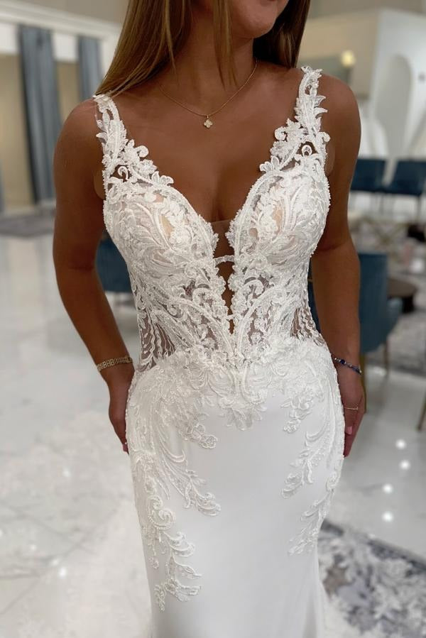 Long Mermaid V-neck Satin Lace Backless White Wedding Dresses BIZTUNNEL Long Mermaid V-neck Satin Lace Backless White Wedding Dresses BIZTUNNEL