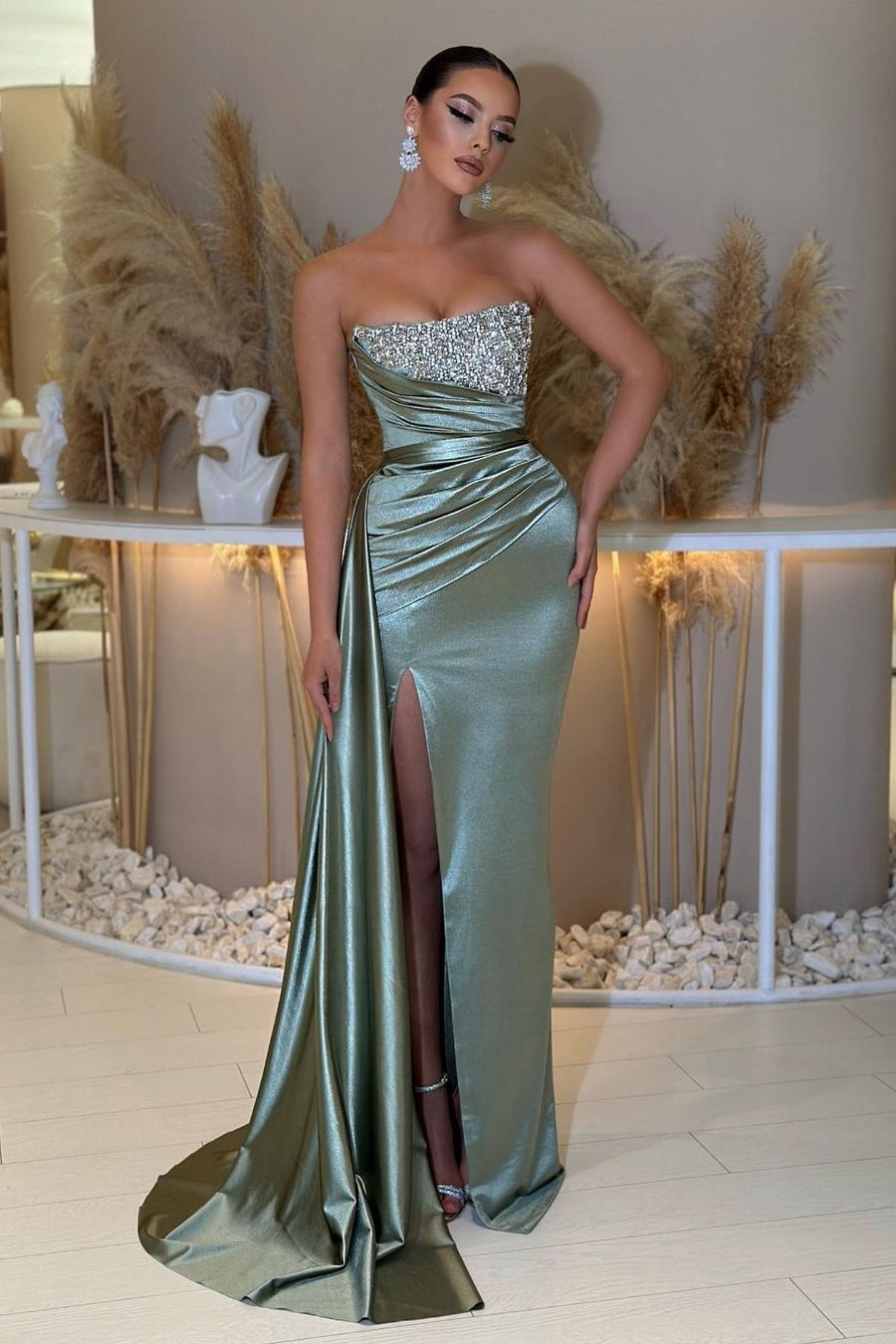 draped mermaid dress Satin Strapless Draped Mermaid Evening Dress With High Slit