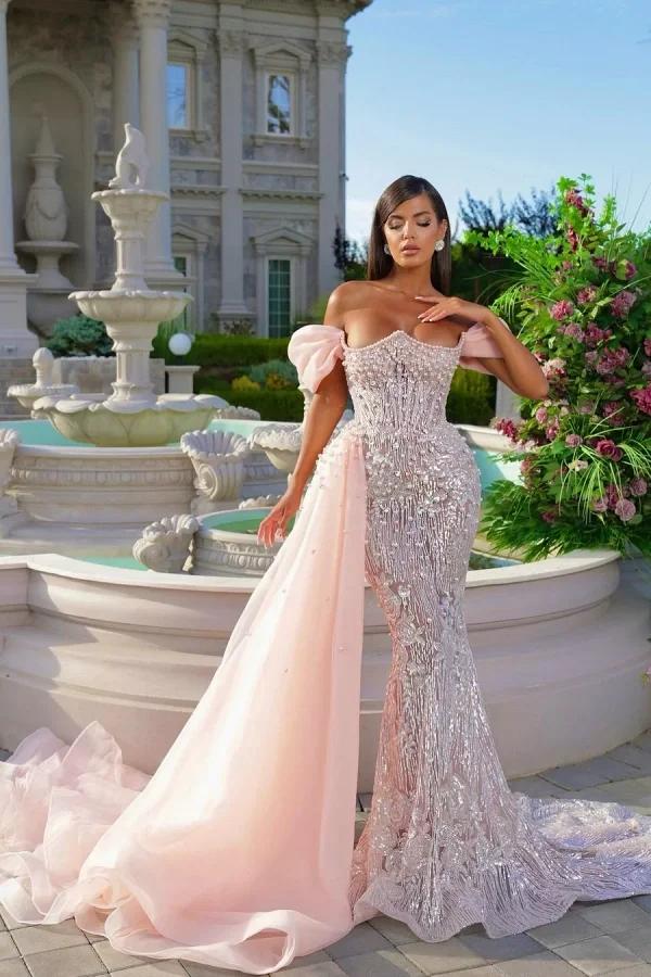 Sparkly Sequined Off-The-Shoulder Puff Sleeves Mermaid Prom Dress with Drape