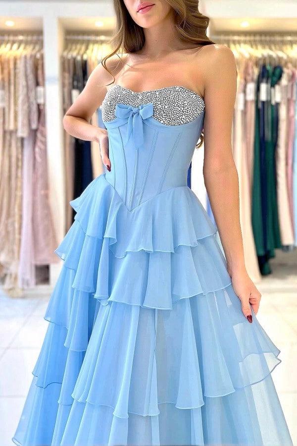 Strapless Blue High-Slit A-Line Long Prom Dress with Bow