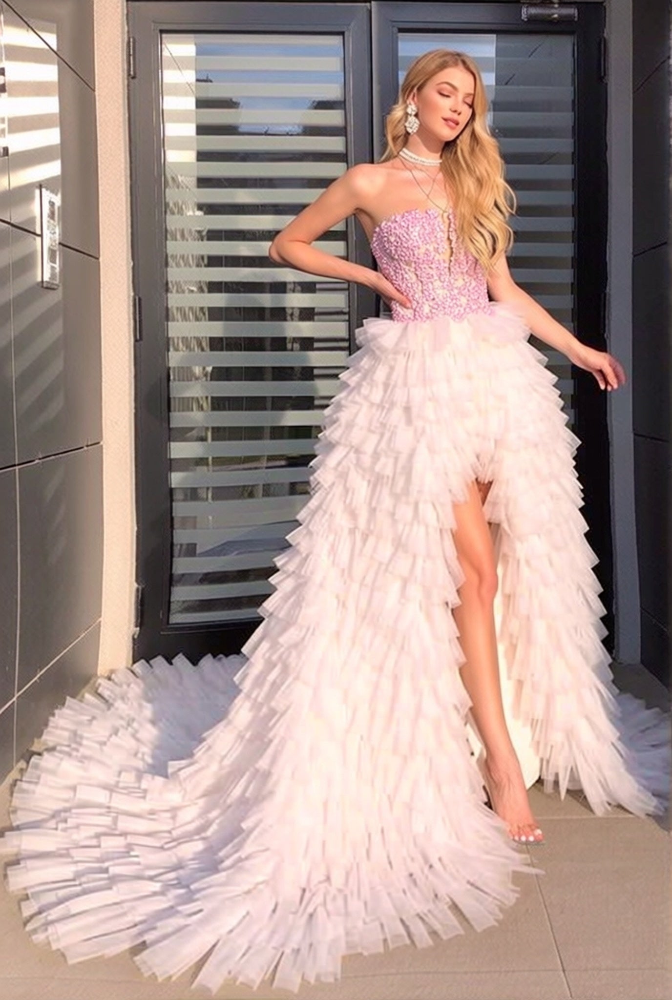 Strapless Sequined Hi-Lo Prom Dress with Ruffles | Tulle Gown