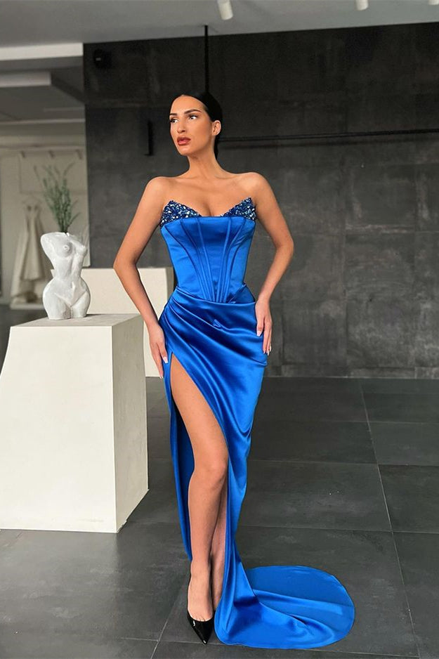 Sweetheart Royal Blue High-split Mermaid Formal Dress with Sequins