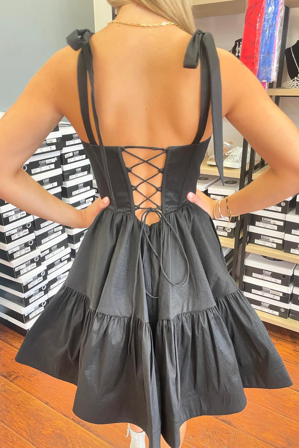 A-Line Black Adjustable Straps Corset Short Homecoming Dress with Ruff   BIZTUNNEL