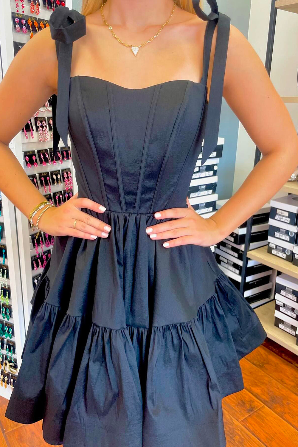 A-Line Black Adjustable Straps Corset Short Homecoming Dress with Ruff BIZTUNNEL A-Line Black Adjustable Straps Corset Short Homecoming Dress with Ruff BIZTUNNEL