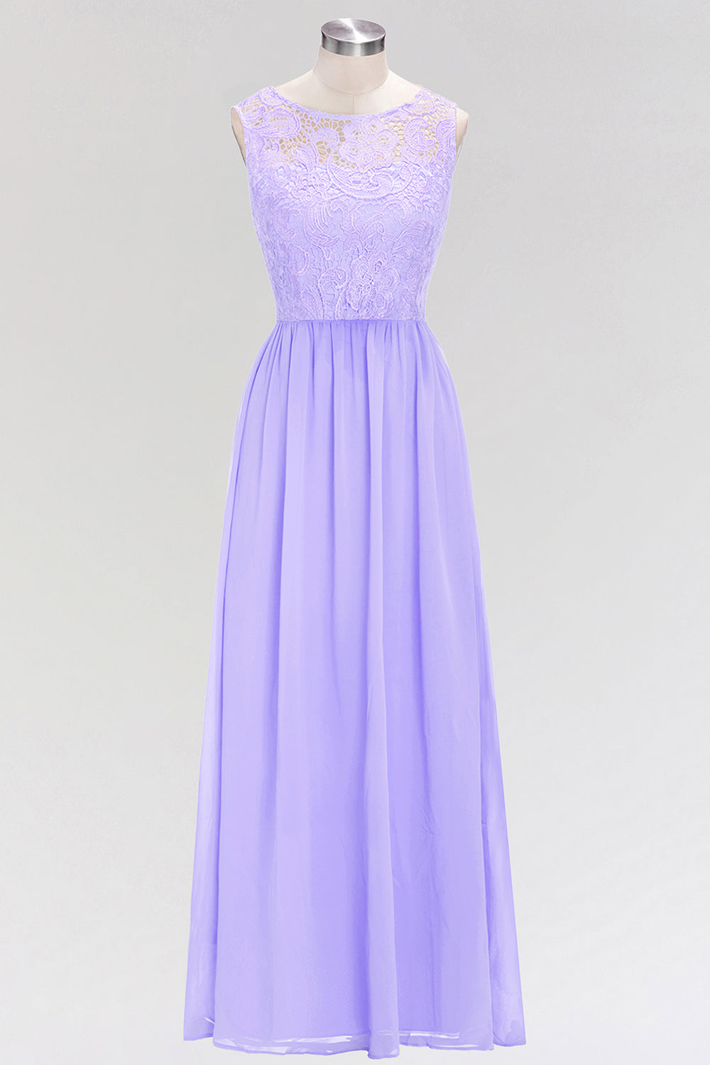 A-Line Chiffon Lace Jewel Sleeveless Long Bridesmaid Dress with Ruffles