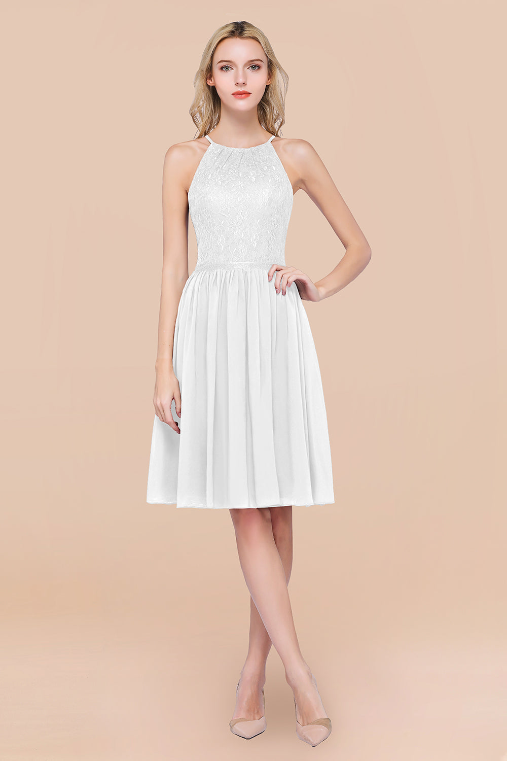 A-line Chiffon Lace Jewel Sleeveless Short Bridesmaid Dresses with Ruffles A-line Chiffon Lace Jewel Sleeveless Short Bridesmaid Dresses with Ruffles