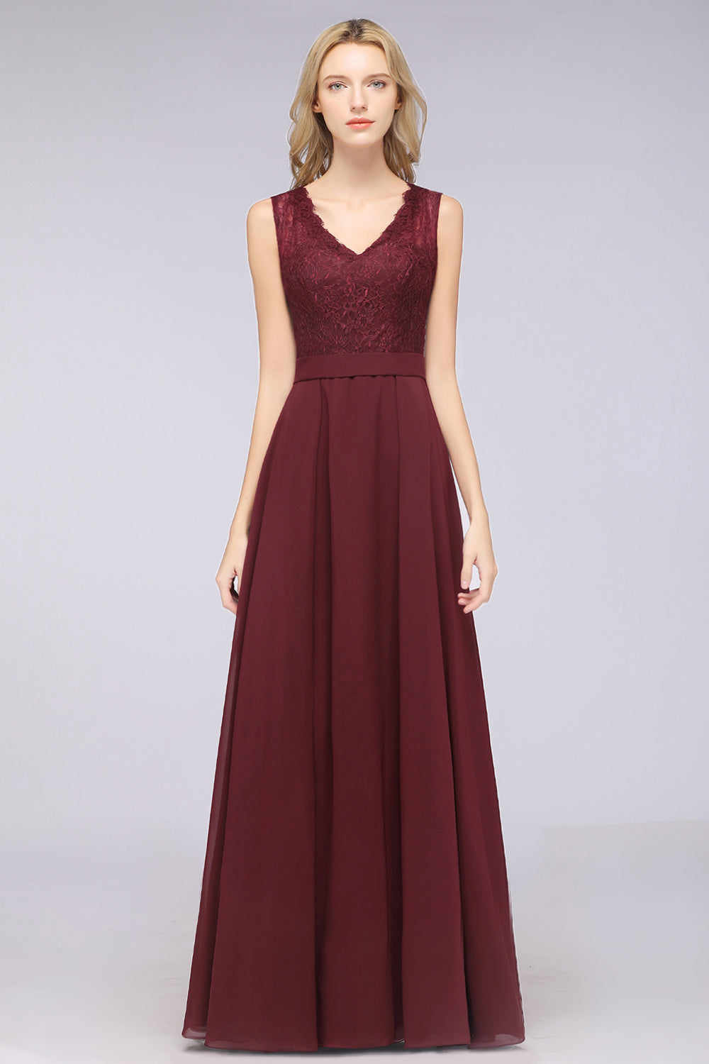 A-Line Chiffon Lace V-Neck Burgundy Long Bridesmaid Dress A-Line Chiffon Lace V-Neck Burgundy Long Bridesmaid Dress