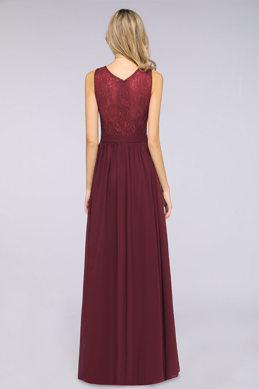 A-Line Chiffon Lace V-Neck Sleeveless Long Bridesmaid Dress with Ruffles