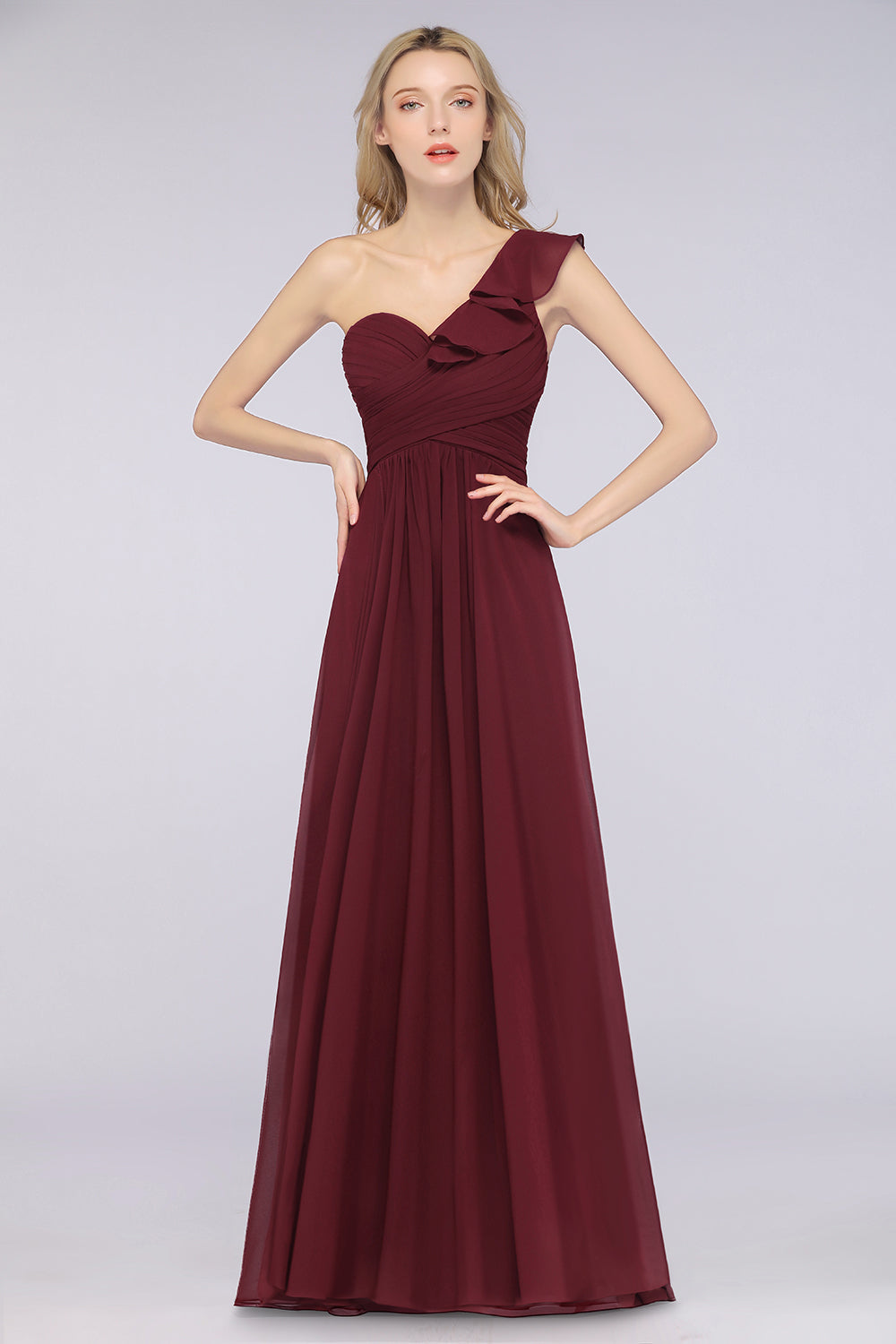 A-Line Chiffon One-Shoulder Sweetheart Long Bridesmaid Dress with Slit