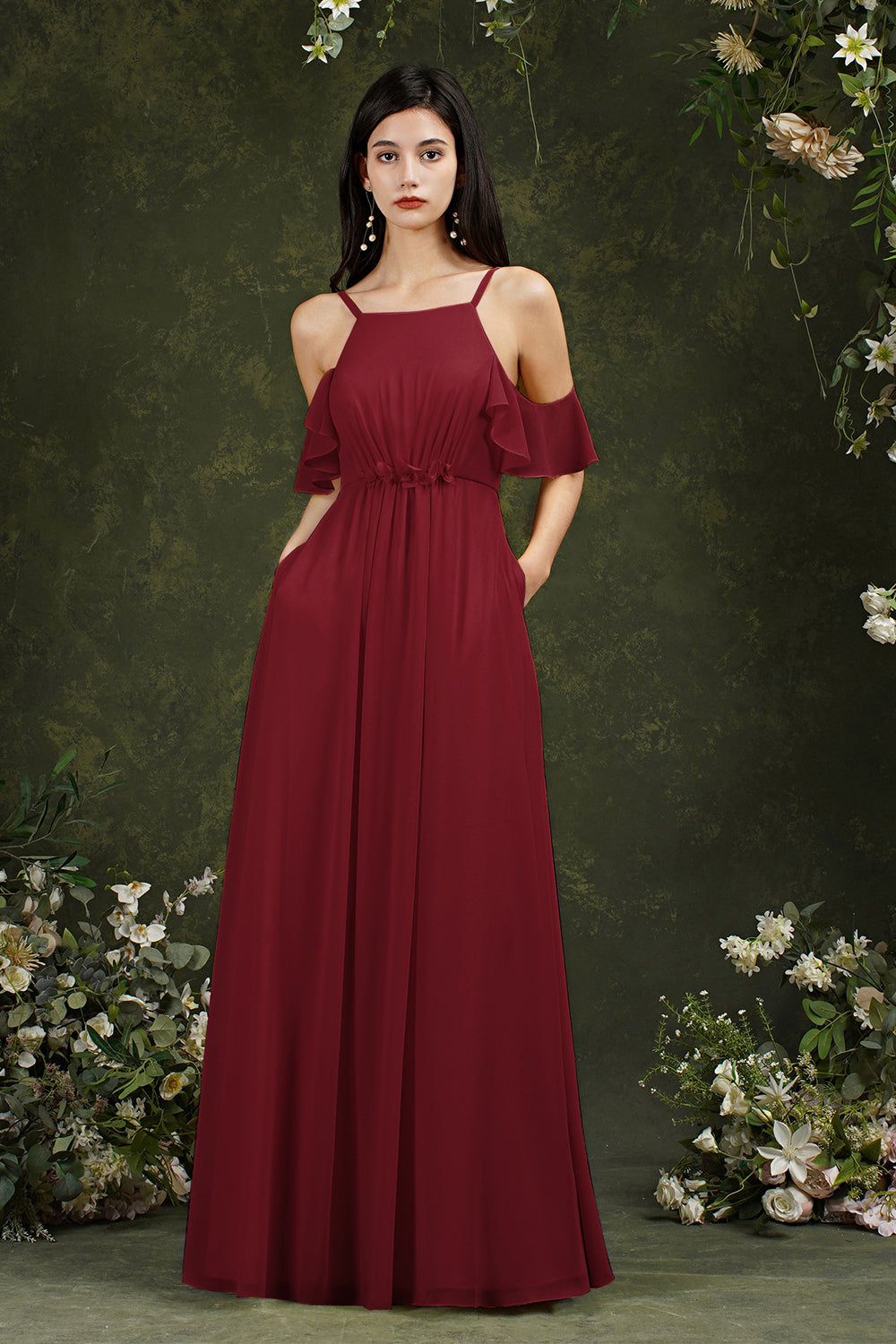bridesmaid dress with pockets A-Line Chiffon Spaghetti Straps Long Bridesmaid Dress With Pockets