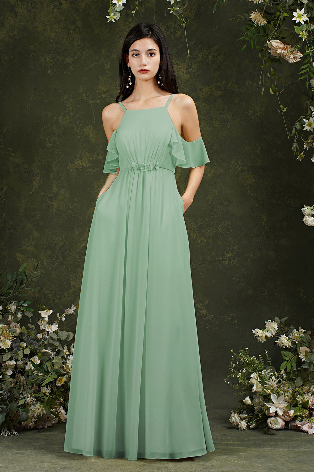 white christmas dresses Zapaka Women Green Bridesmaid Dress Chiffon Spaghetti Straps A-Line Wedding Party Dress with Slit, Chiffon Color / US14 main image 1