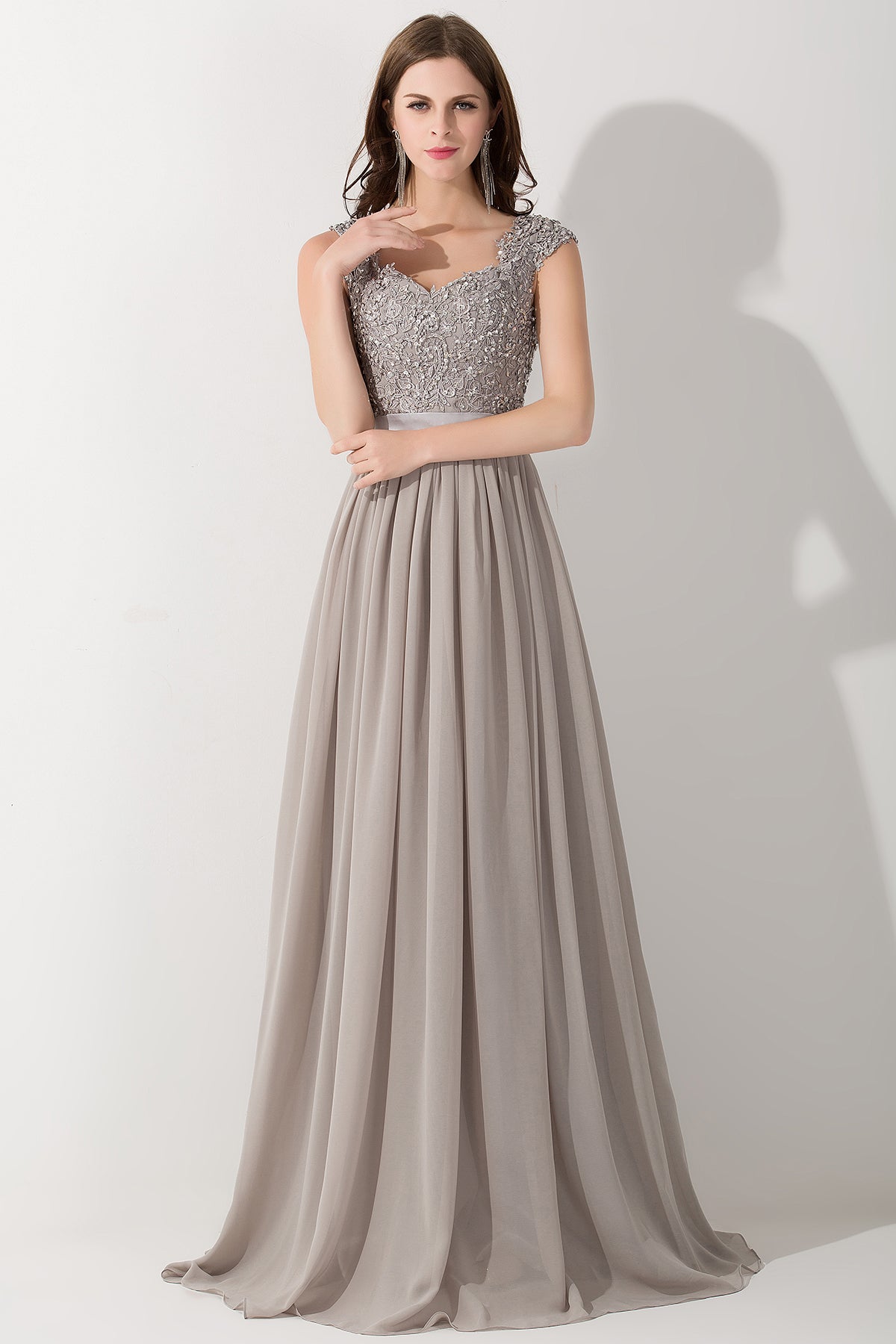 Mermaid Dress Silver Maid Of Honour Dresses A-Line Chiffon V-Neck  Sleeveless Long Bridesmaid Dress