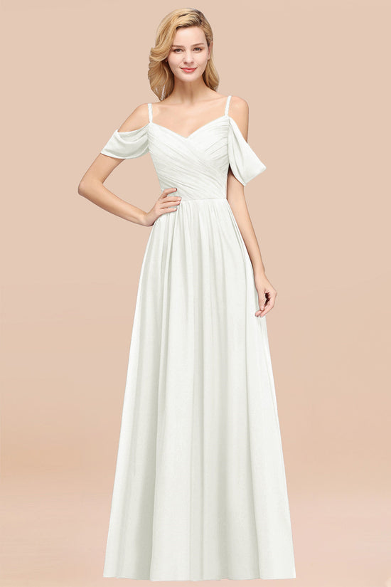 A-Line Chiffon V-Neck Spaghetti Straps Ruffles Long Bridesmaid Dresses with Sleeves-BIZTUNNEL