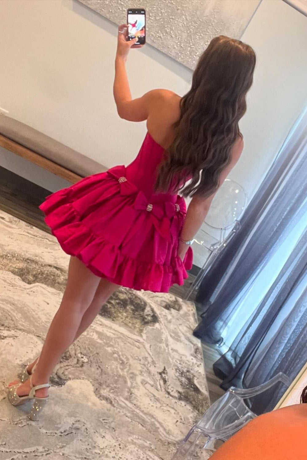 A Line Fuchsia Strapless Corset Short Homecoming Dress With Bow  BIZTUNNEL