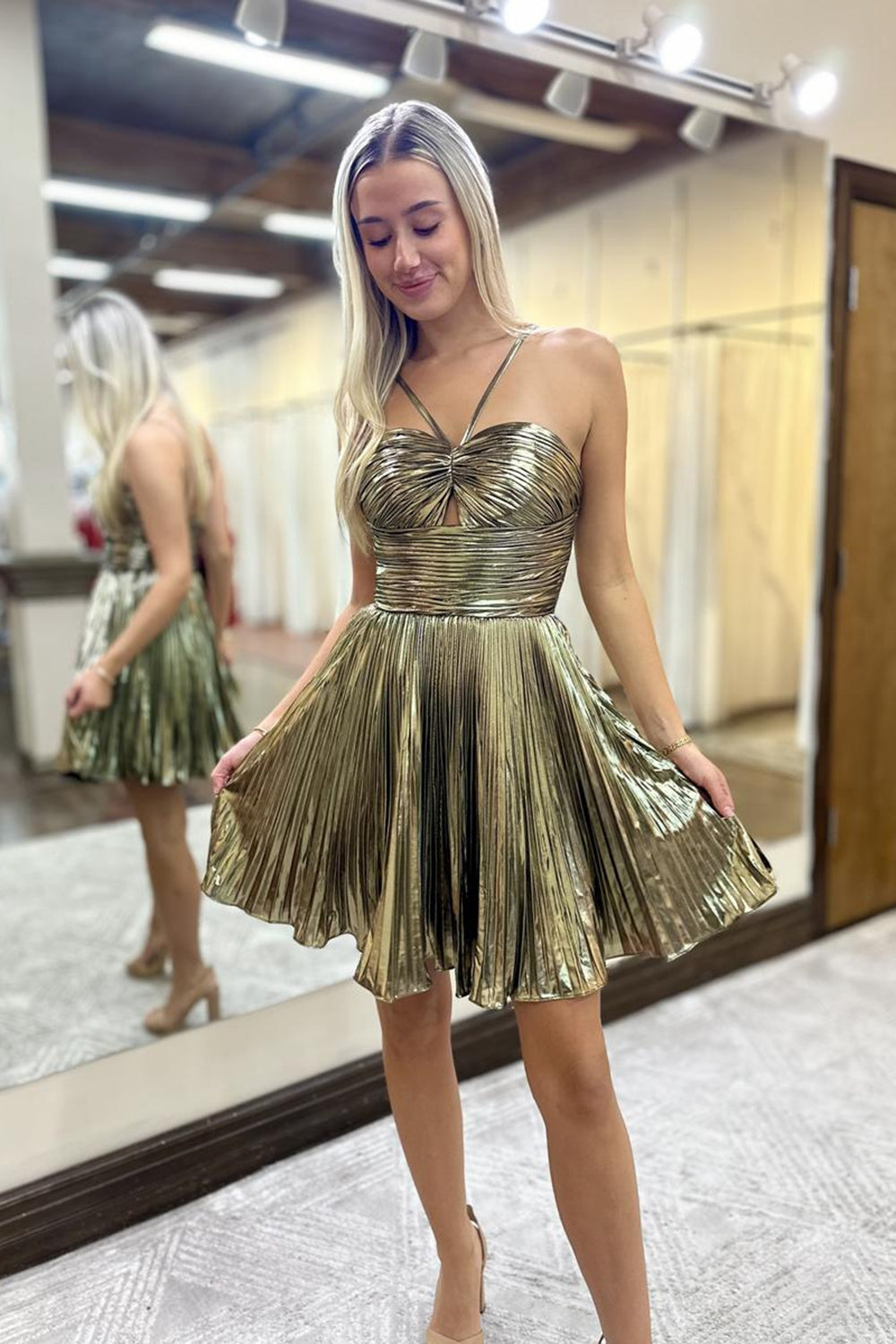 gold halter dress short Gold Halter Mini Dress with Beaded Fringe