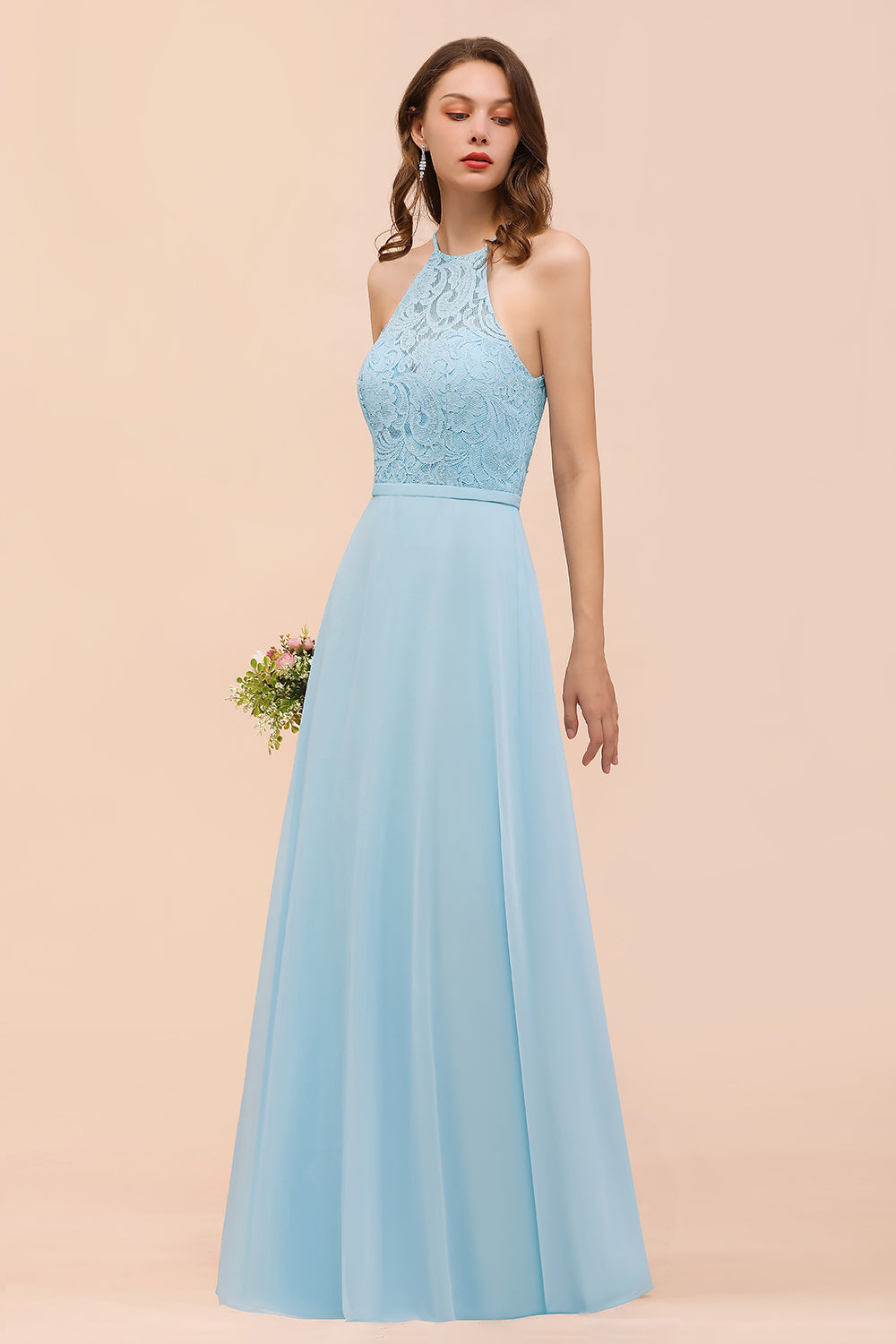 A-Line Halter Appliques Chiffon Long Bridesmaid Dress Sky Blue Party Dress A-Line Halter Appliques Chiffon Long Bridesmaid Dress Sky Blue Party Dress