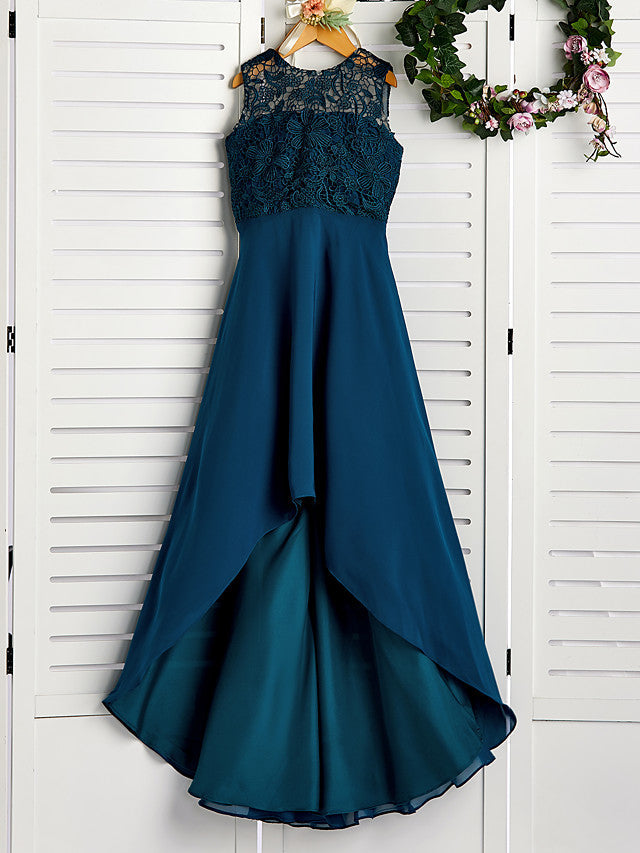 A-Line Jewel Neck Asymmetrical Chiffon Lace Junior Bridesmaid Dress A-Line Jewel Neck Asymmetrical Chiffon Lace Junior Bridesmaid Dress