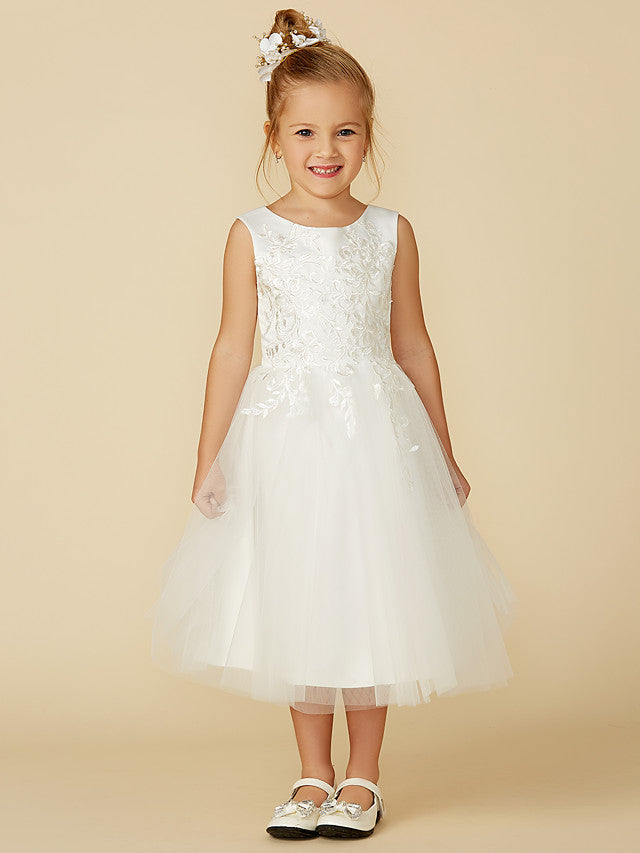 A-Line Lace Tulle Sleeveless Jewel Neck Wedding First Communion Flower Girl Dresses A-Line Lace Tulle Sleeveless Jewel Neck Wedding First Communion Flower Girl Dresses