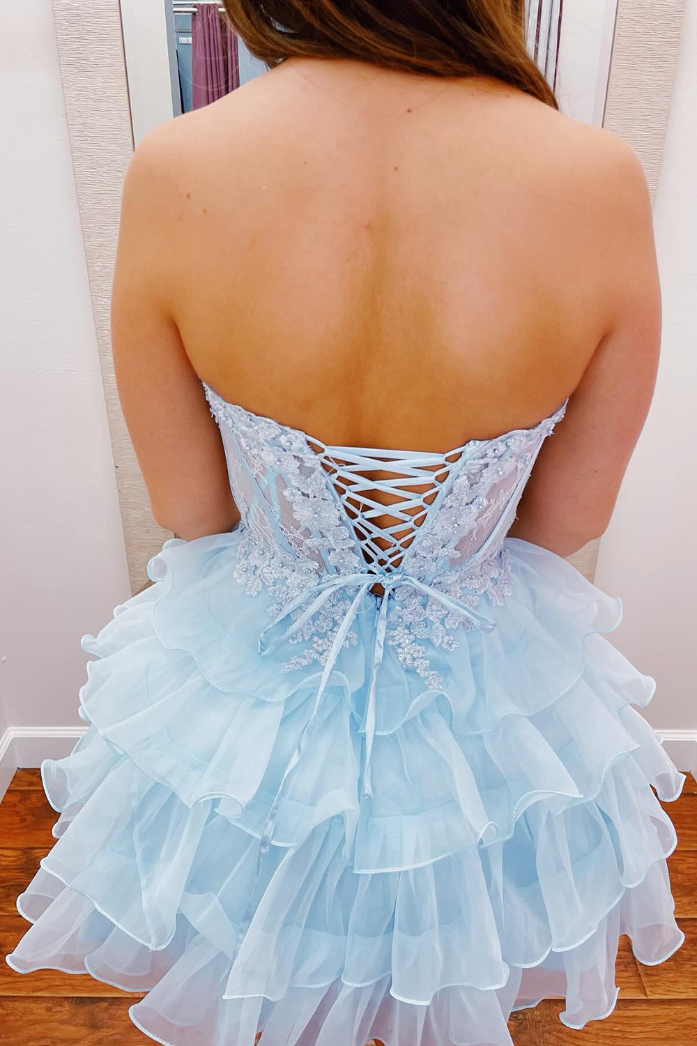 light blue short homecoming dresses A-Line Sky Blue Sweetheart Tulle Short Homecoming Dress with Ruffles