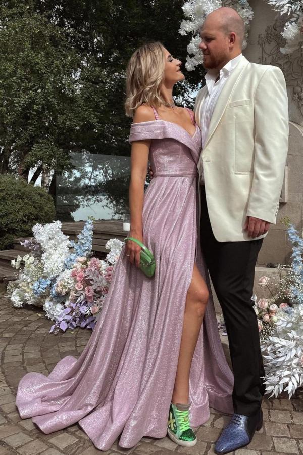 A-line Off-the-shoulder Glitter Long Prom Dress with Slit  BIZTUNNEL