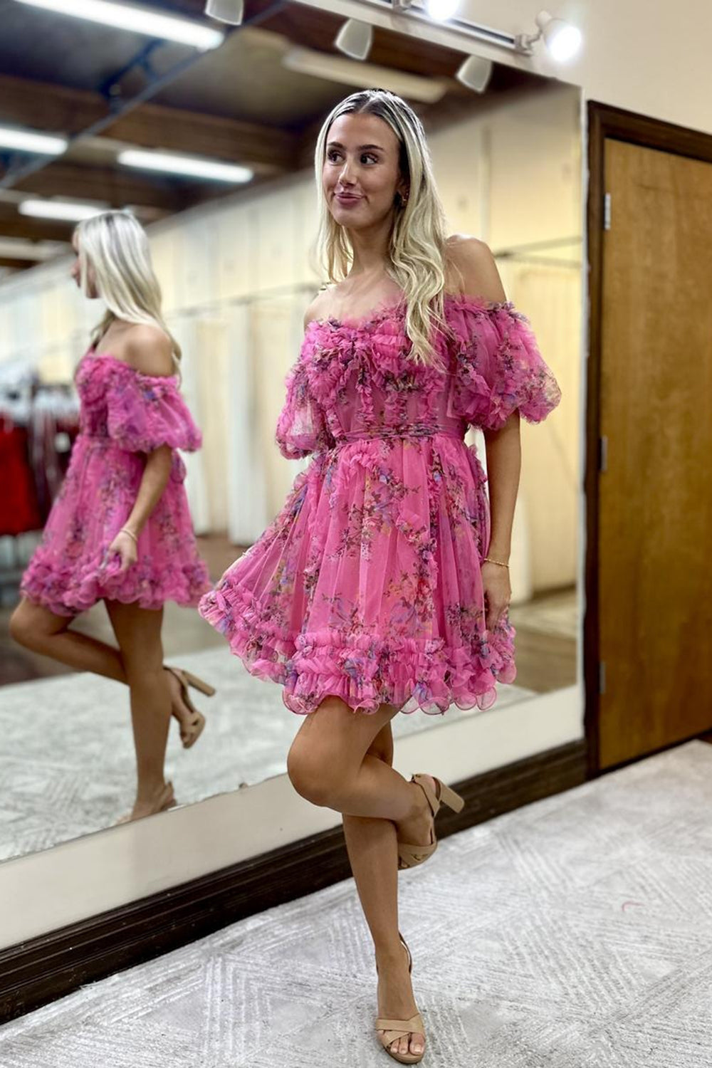 pink corset homecoming dress Sparkly Pink Corset A Line Short Floral Homecoming Dress with Beading