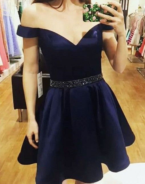 A-line Off The Shoulder Satin Short Prom Dresses with Pockets – BIZTUNNEL