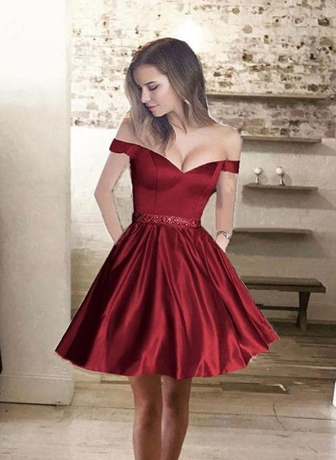 green emerald velvet dress A-Line Off The Shoulder Satin Short Prom Dresses with Pockets