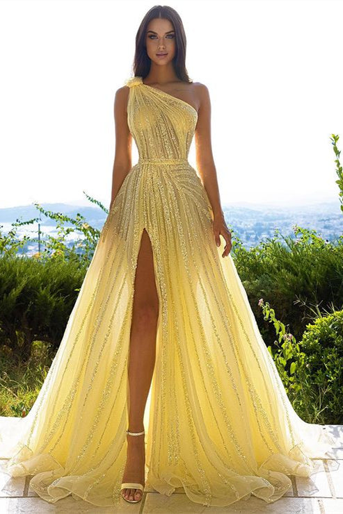 A-line One Shoulder Yellow Tulle Prom Dress with Front Split and Sequins A-line One Shoulder Yellow Tulle Prom Dress with Front Split and Sequins