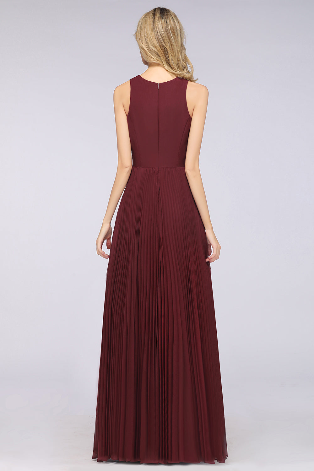 open lace back dress A-Line Satin Chiffon V-Neck Sleeveless Long Bridesmaid Dress with Slit