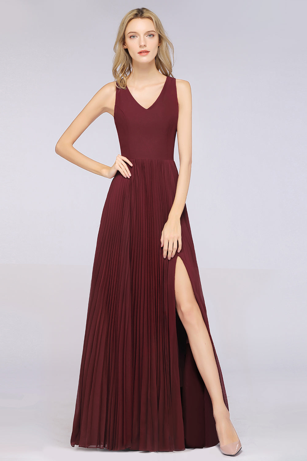 A-Line Satin Chiffon V-Neck Sleeveless Long Bridesmaid Dress with Slit – BIZTUNNEL