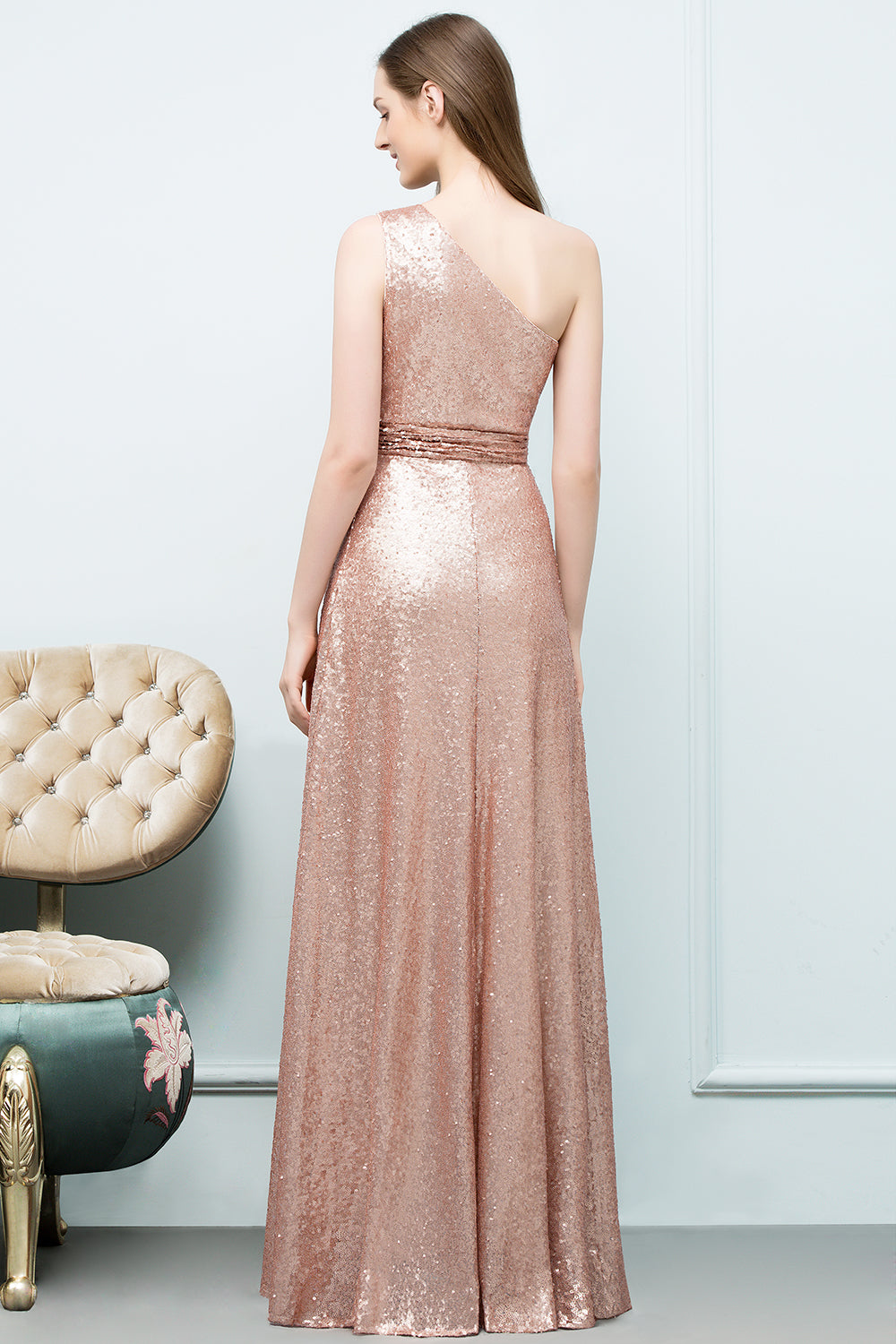 green emerald velvet dress Asymmetrical One Shoulder Rose Gold Evening Dress with Fringe – FancyVestido main image 0